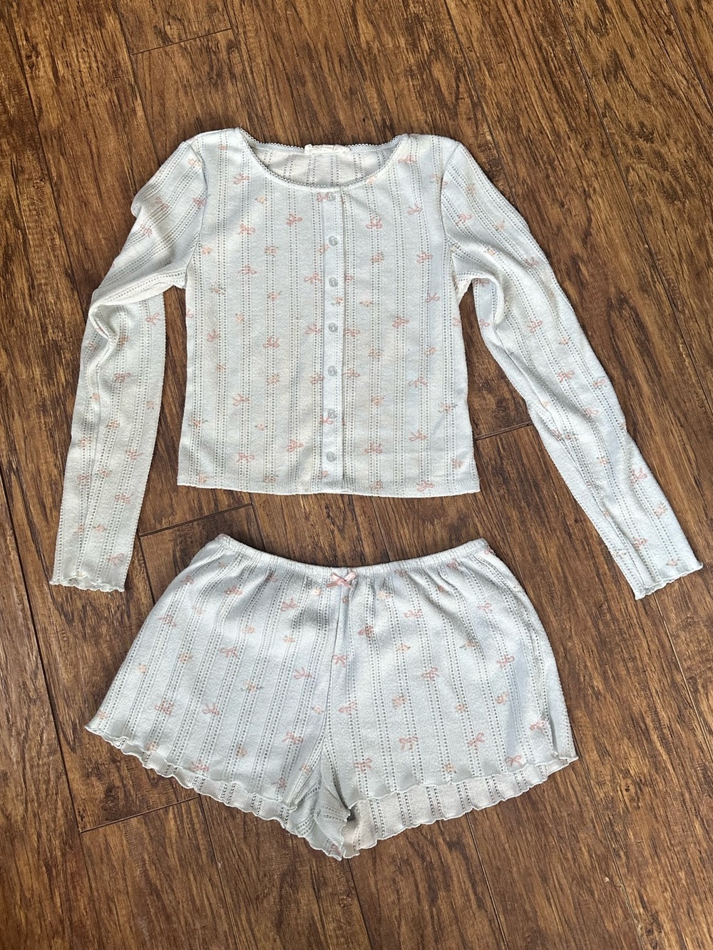 Pink Rose Light Blue Long-Sleeve Button Pajama Set with Pink Floral